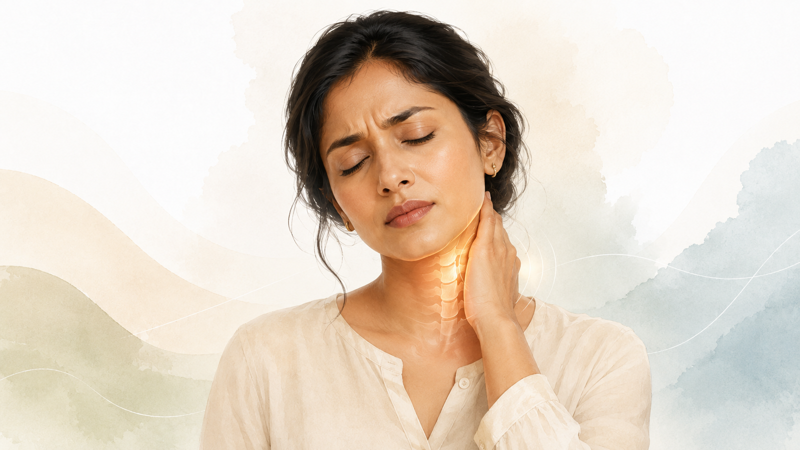 Femme ressentant une douleur cervicale dans un cadre apaisant
