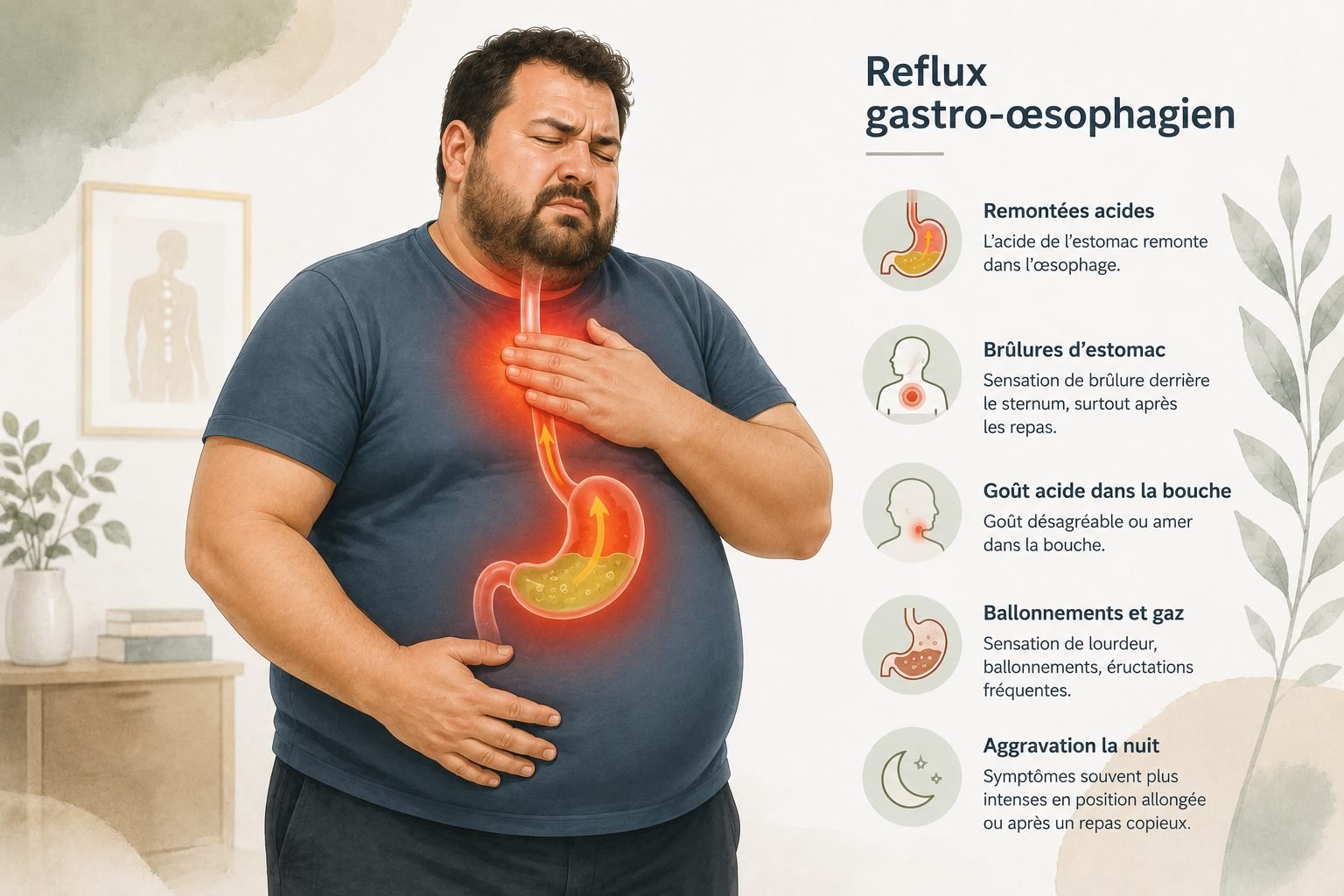 Illustration du reflux gastro-œsophagien et des remontées acides