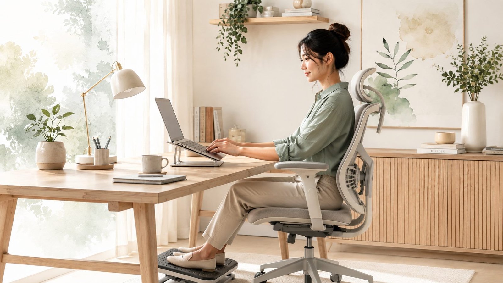 Bureau de télétravail lumineux et posture de travail confortable