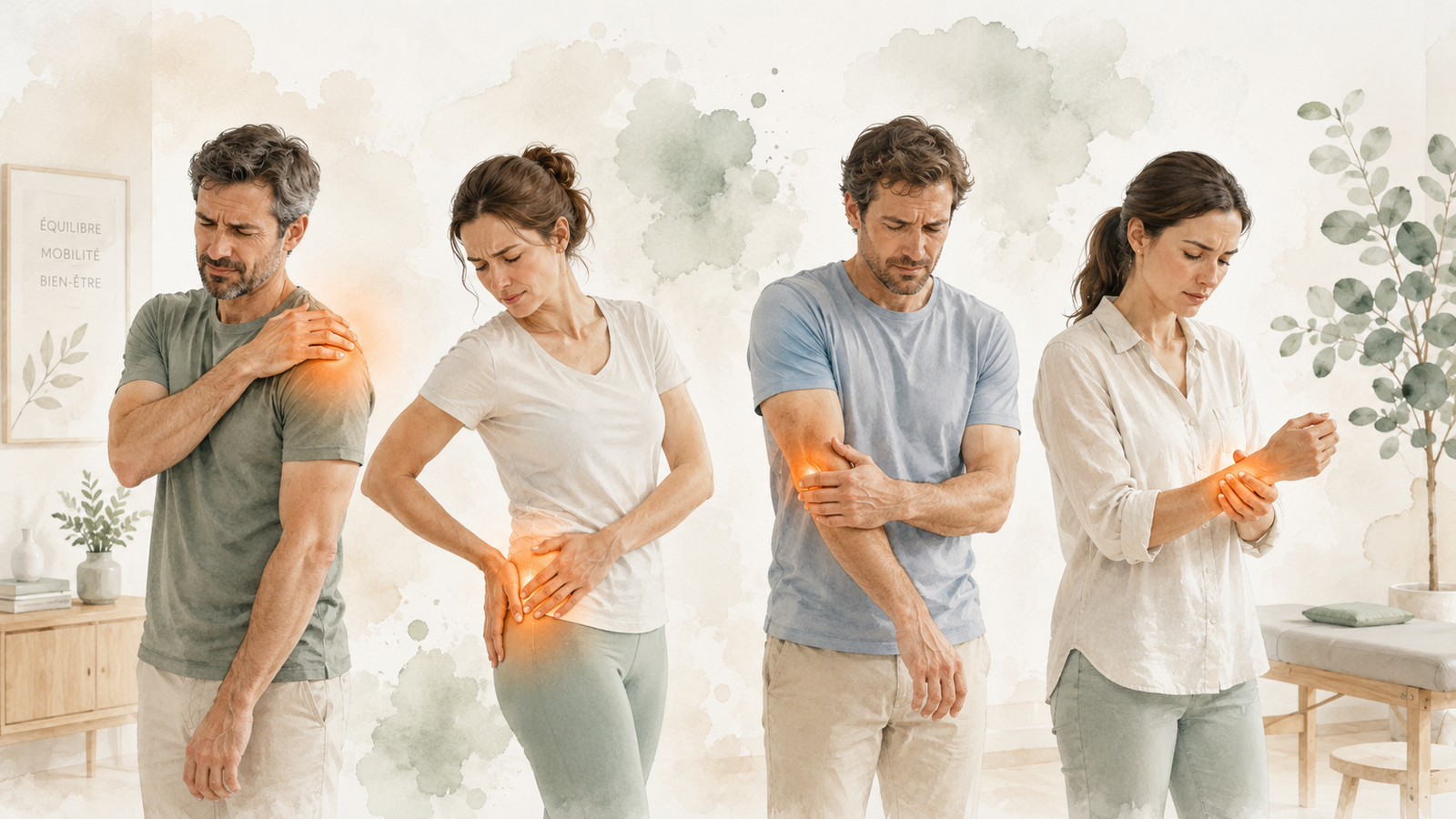 Illustration de douleurs tendineuses à l'épaule, à la hanche, au coude et au poignet