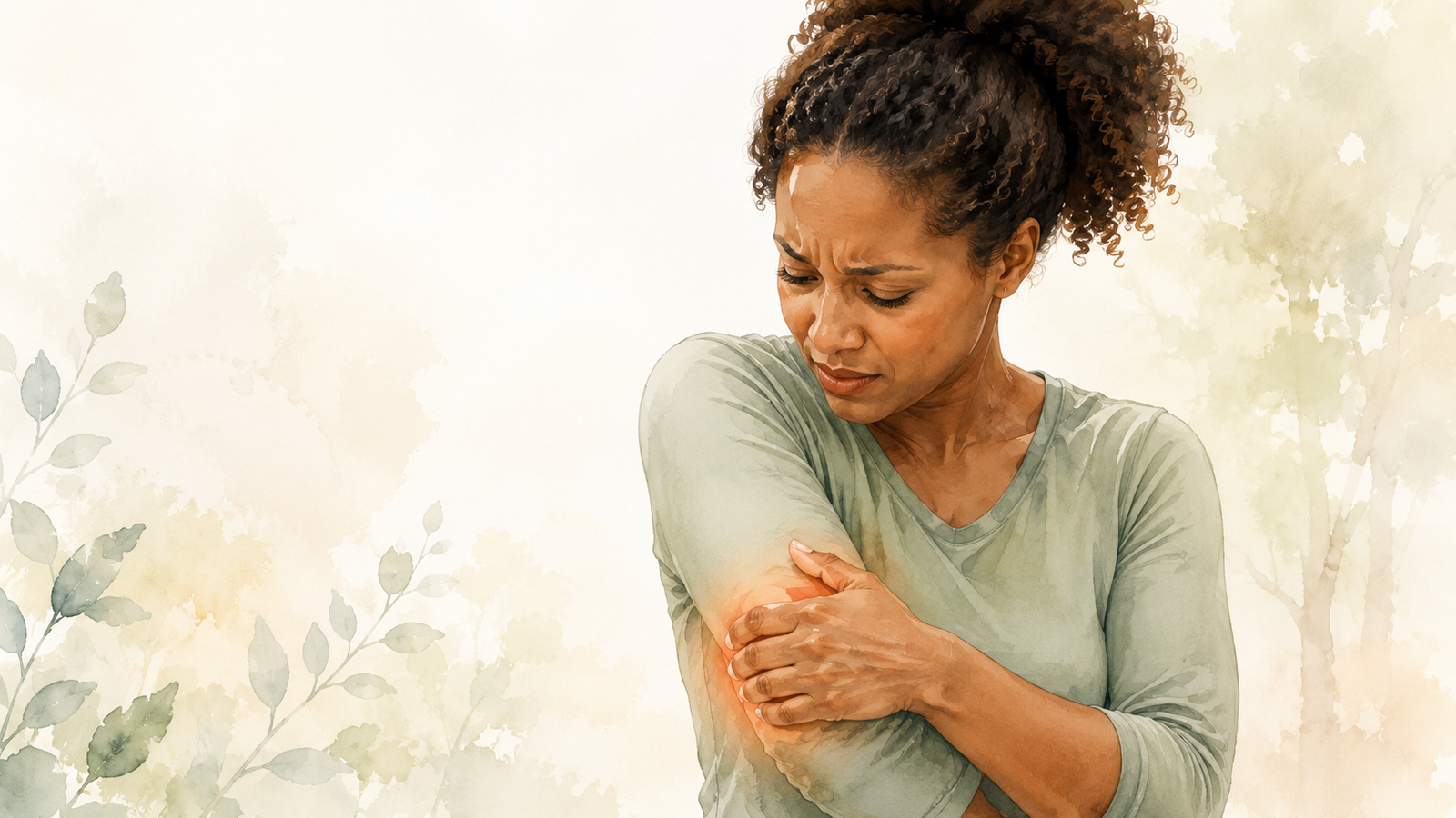 Femme ressentant une douleur au bras dans un décor aquarelle apaisant