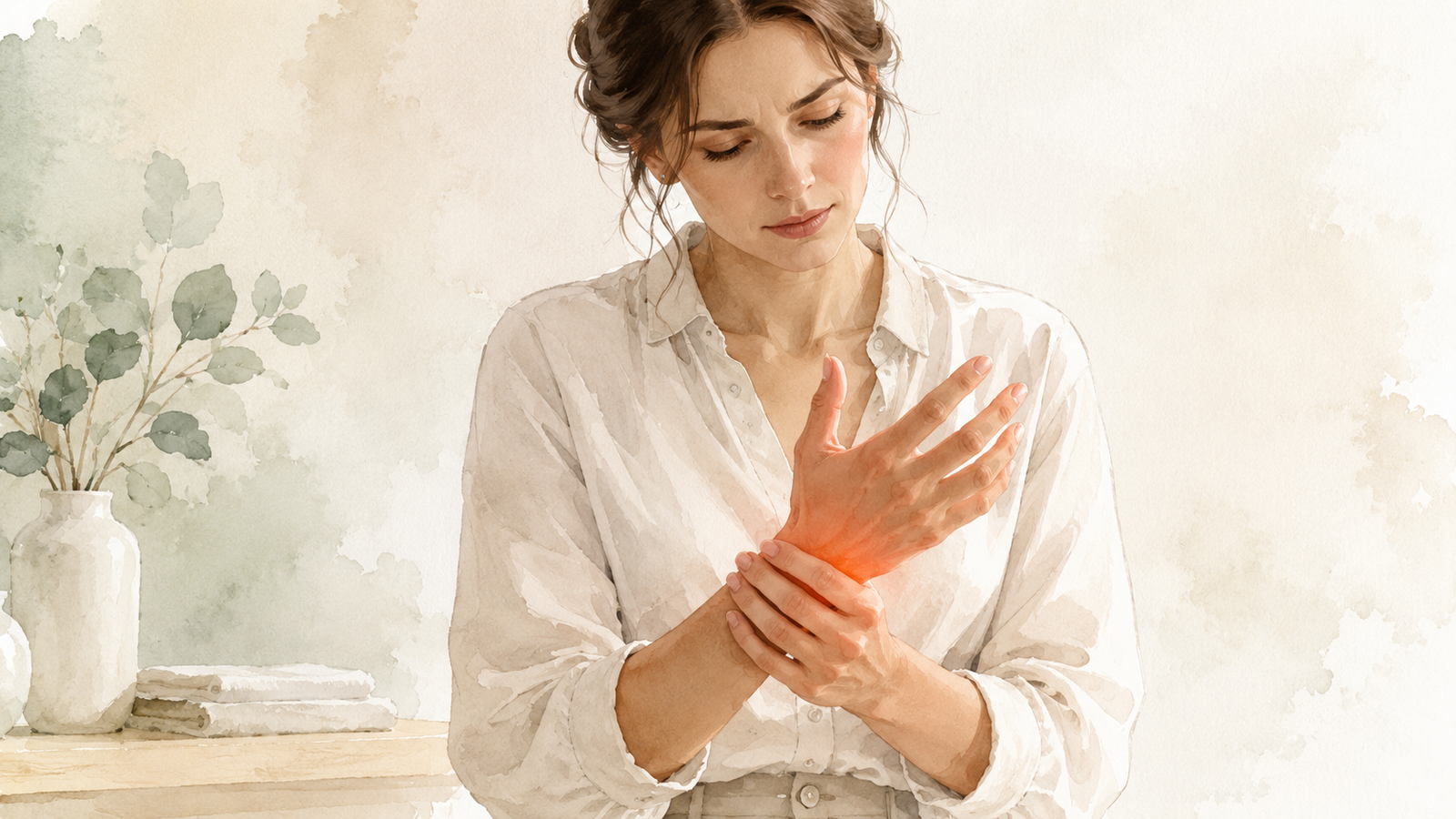 Femme ressentant une douleur à la main et au poignet dans un décor aquarelle apaisant
