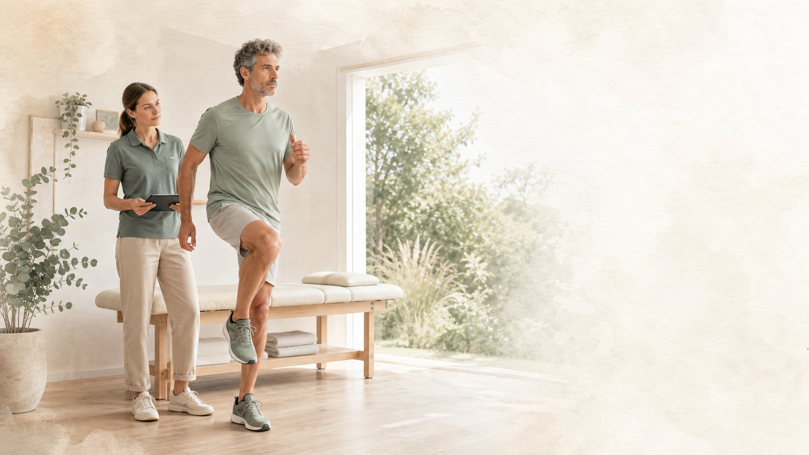 Coureur réalisant une évaluation dynamique dans un cabinet d'ostéopathie lumineux